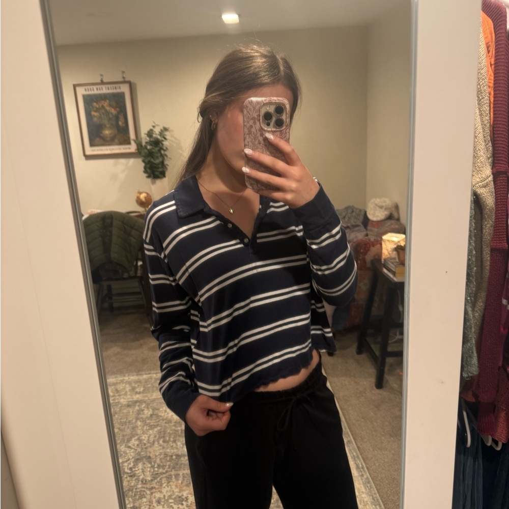 Navy Striped Women's Polo Top